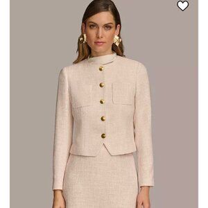 Reformation Pale Pink Cropped Tweed Blazer with Gold Buttons